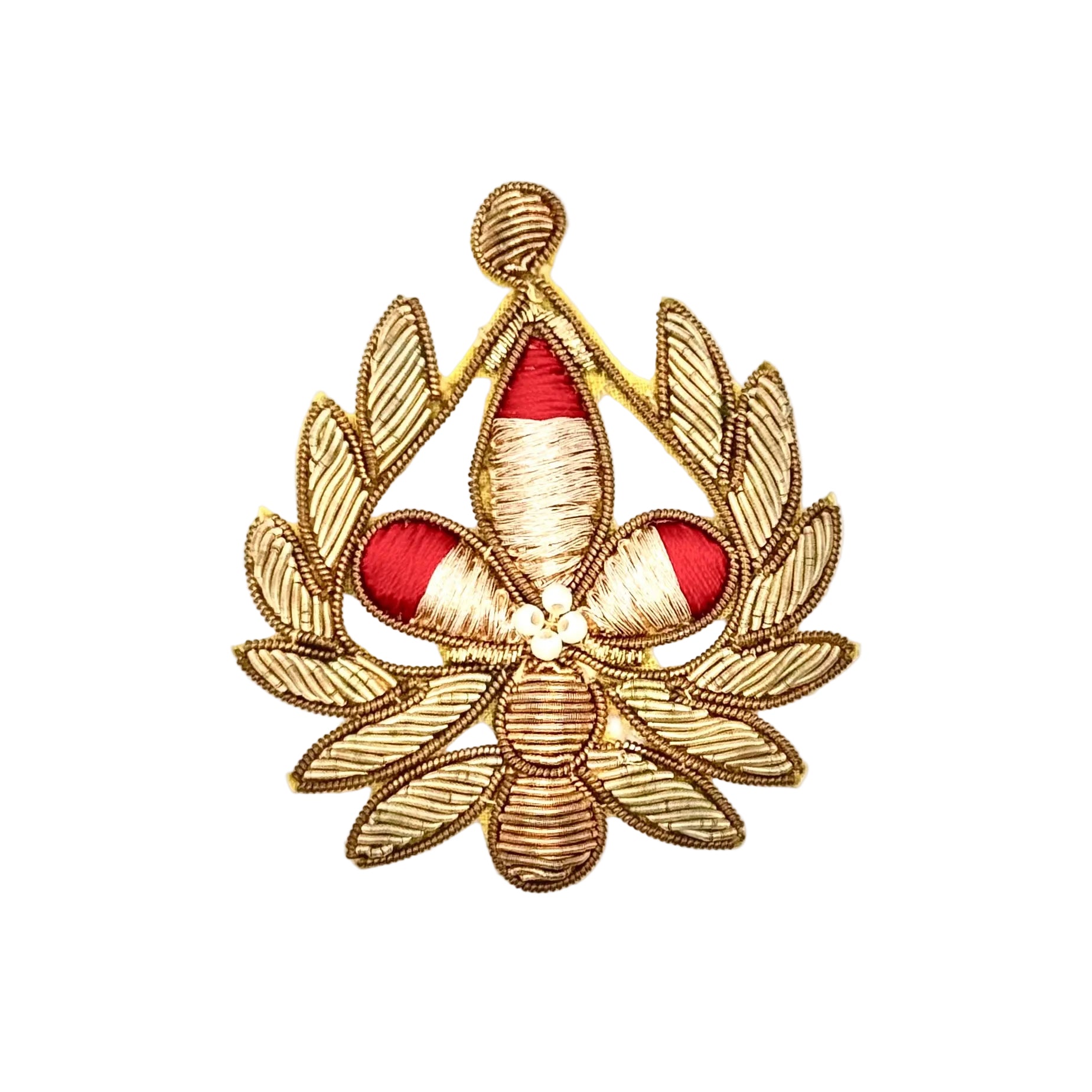 An embroidered emblem featuring a gold-tone laurel wreath with a central fleur-de-lis design in gold and red, finished with a small white pearl at the center, shown on a plain white background.