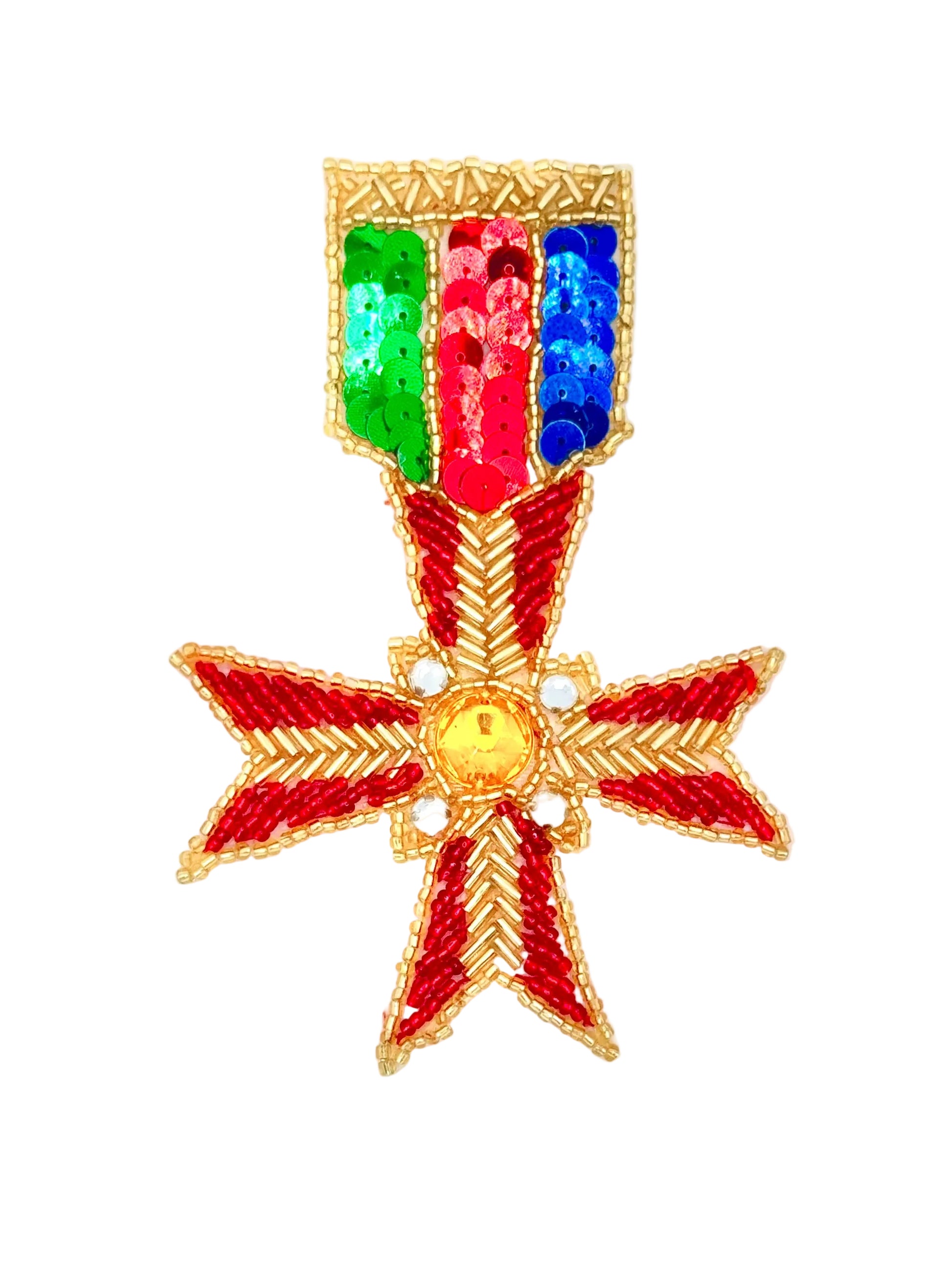A sequin medal patch featuring a red and gold cross with a central gold circle and a ribbon of green, red, and blue sequins, shown on a plain white background.