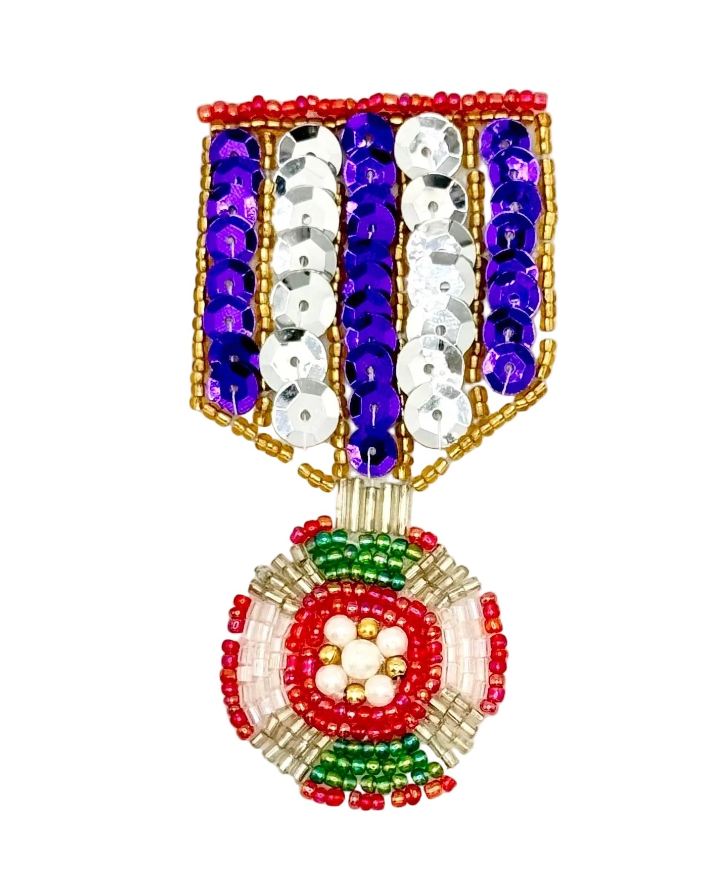 A beaded medal or badge featuring vertical stripes of purple and silver, and red beads on a gold-tone ribbon, with a circular medallion below in red, green, white, and gold.