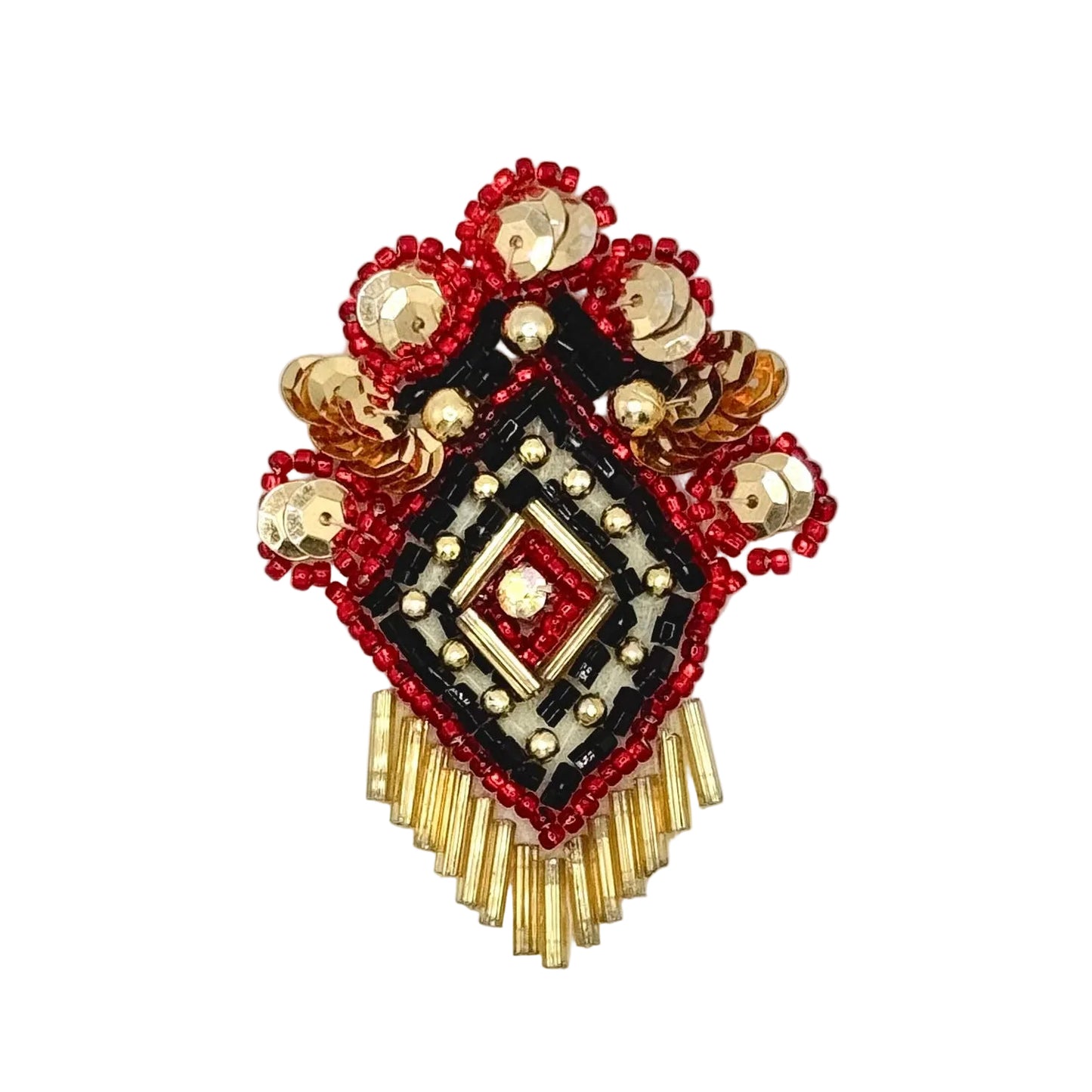 A decorative sequin and bead patch featuring a geometric diamond design in red, black, and metallic gold, with small bead details and a fringed bottom, shown on a plain white background.