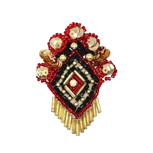 A decorative sequin and bead patch featuring a geometric diamond design in red, black, and metallic gold, with small bead details and a fringed bottom, shown on a plain white background.