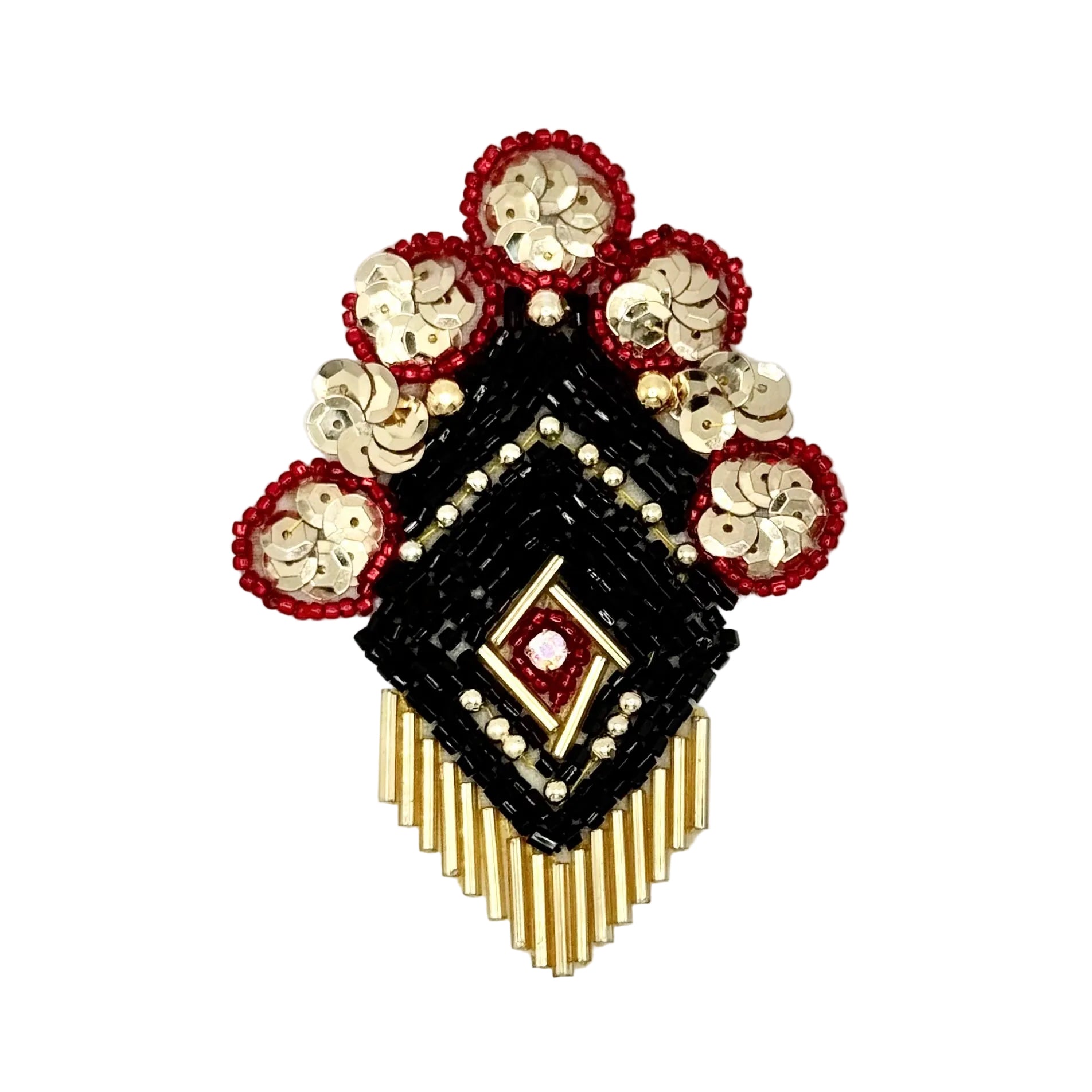 A decorative sequin and beaded patch with a central rhinestone,  red and black bead accents, gold sequins, and gold beads on a plain white background.