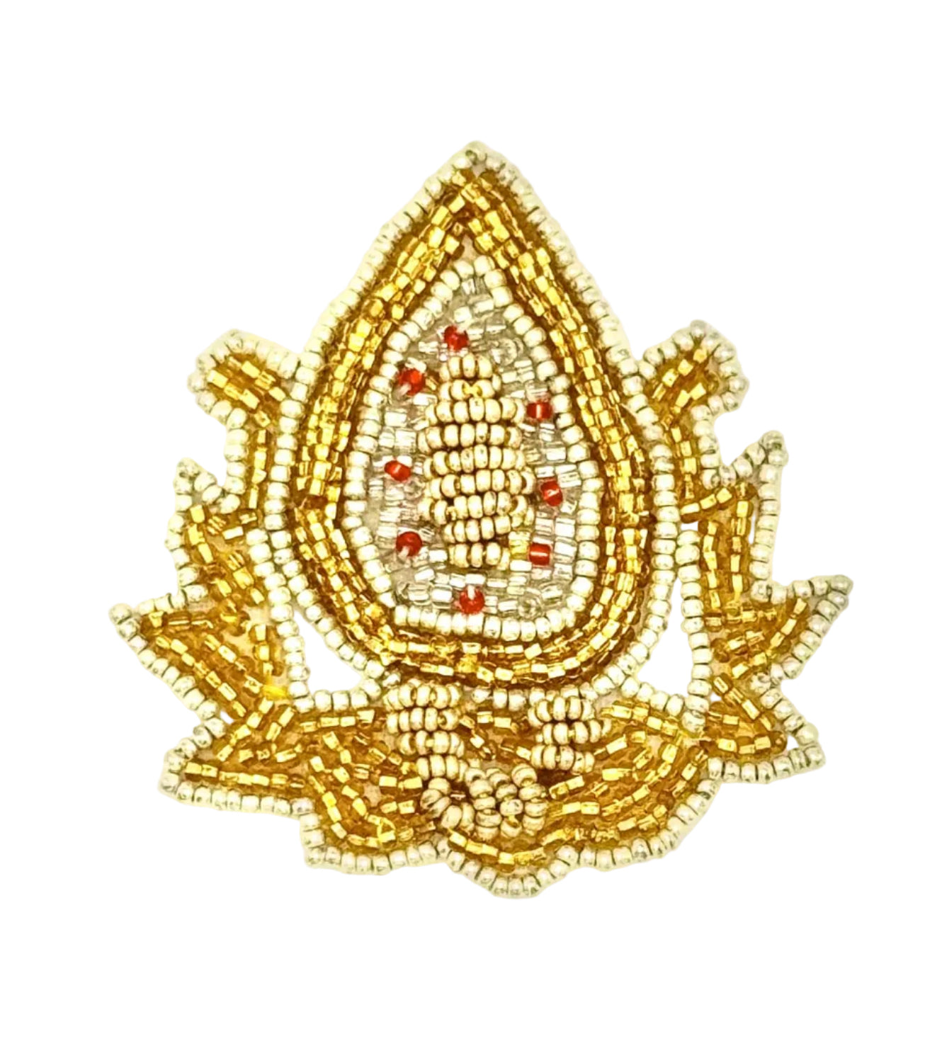 A decorative beaded patch or applique featuring a teardrop-shaped motif with layered gold and white beadwork and small red accents, shown on a plain white background.