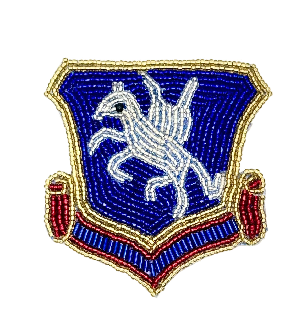 A shield-shaped beaded patch featuring a white griffin on a blue background, bordered in gold and accented with red and blue details at the bottom, shown on a plain white background.