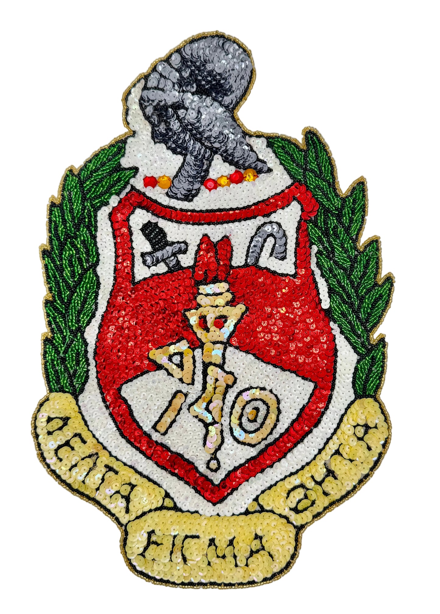 A circular embroidered patch featuring a red and white shield with a golden torch and medical-style symbol, flanked by green laurel branches, topped with a gray ram, and set on a white background.