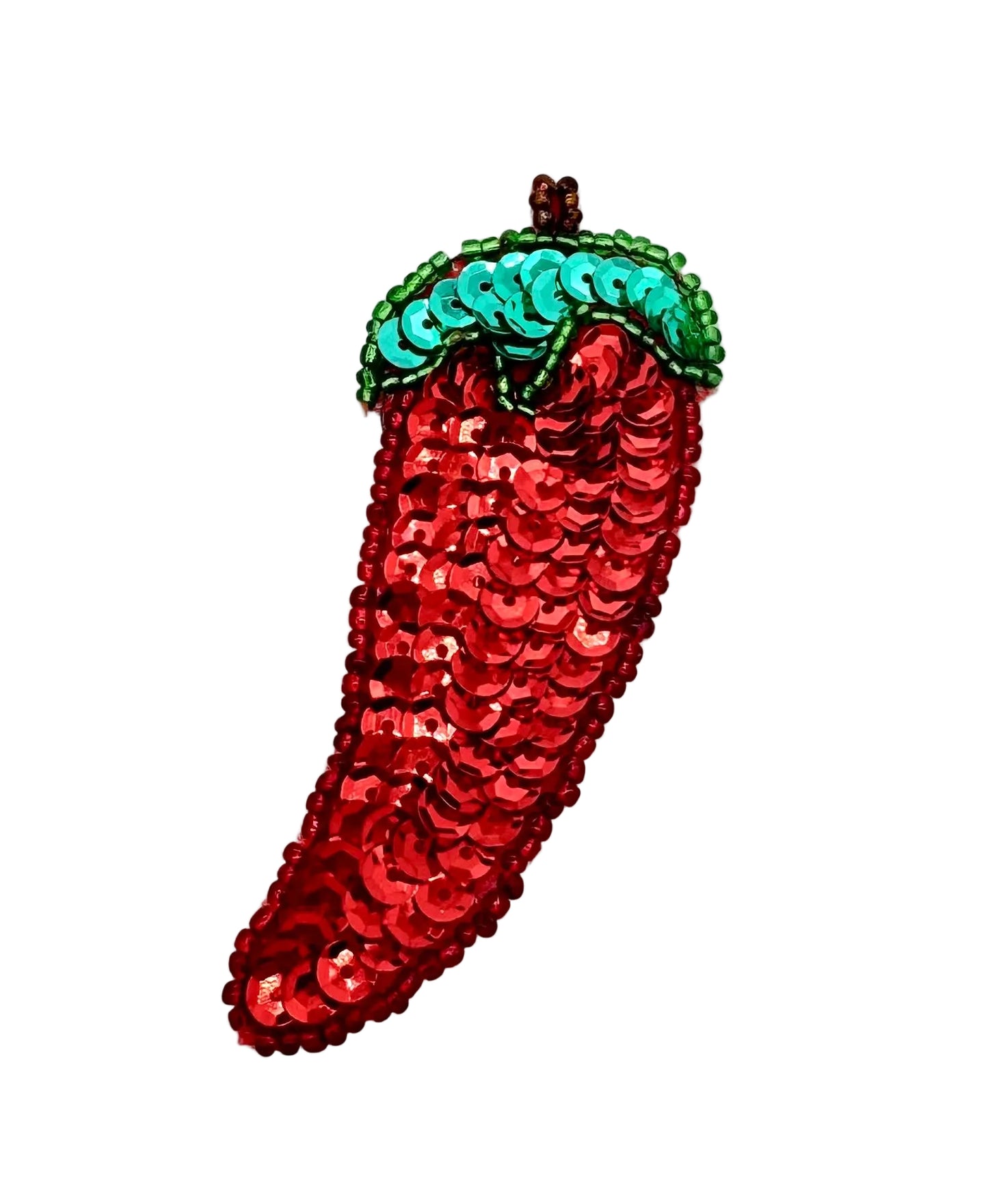 A chili pepper-shaped sequin embellishment with a red body and green top, photographed on a plain white background.
