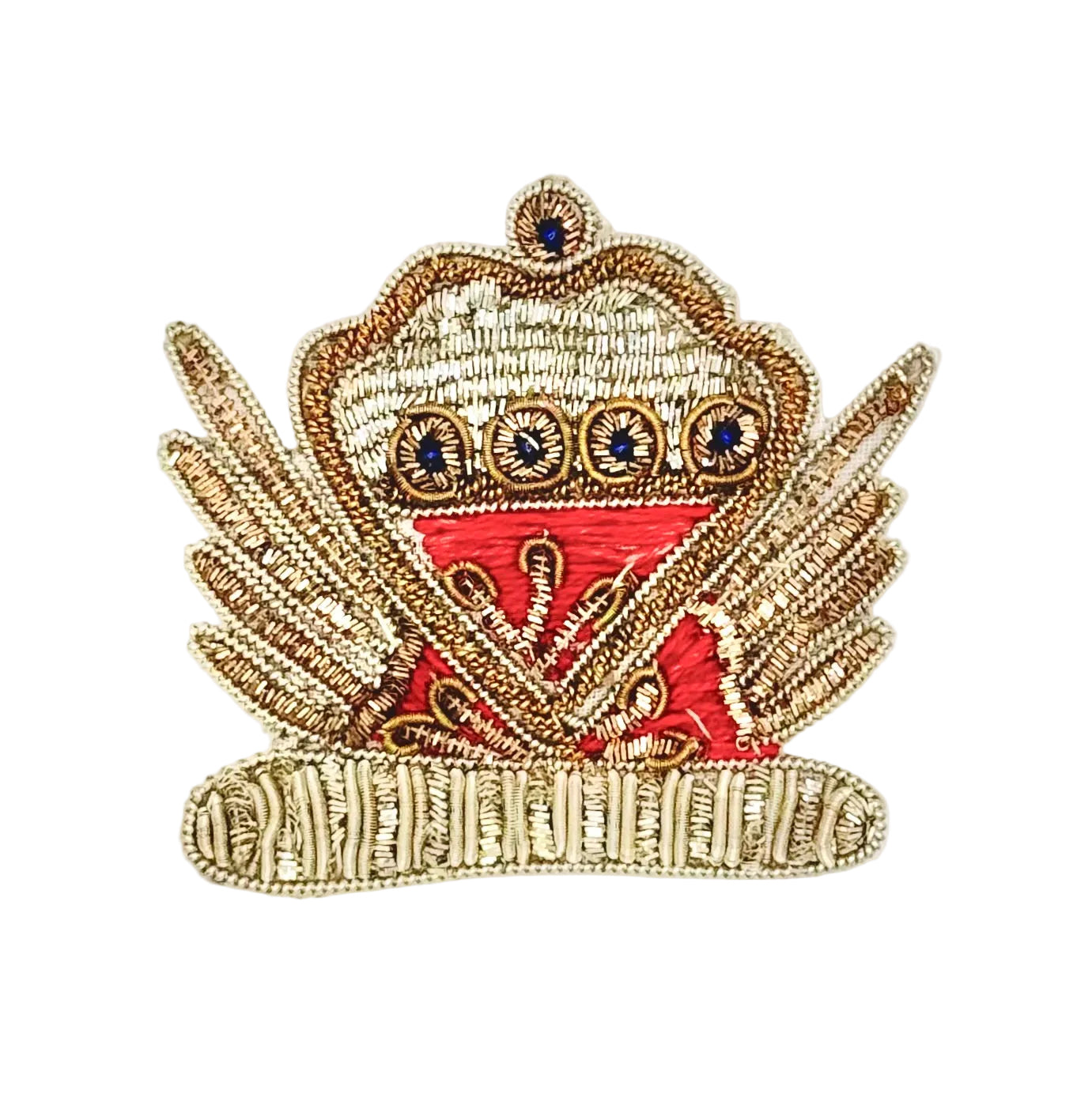 An embroidered patch depicting a crown with gold metallic threadwork, a red center, and small blue accents, shown on a plain white background.