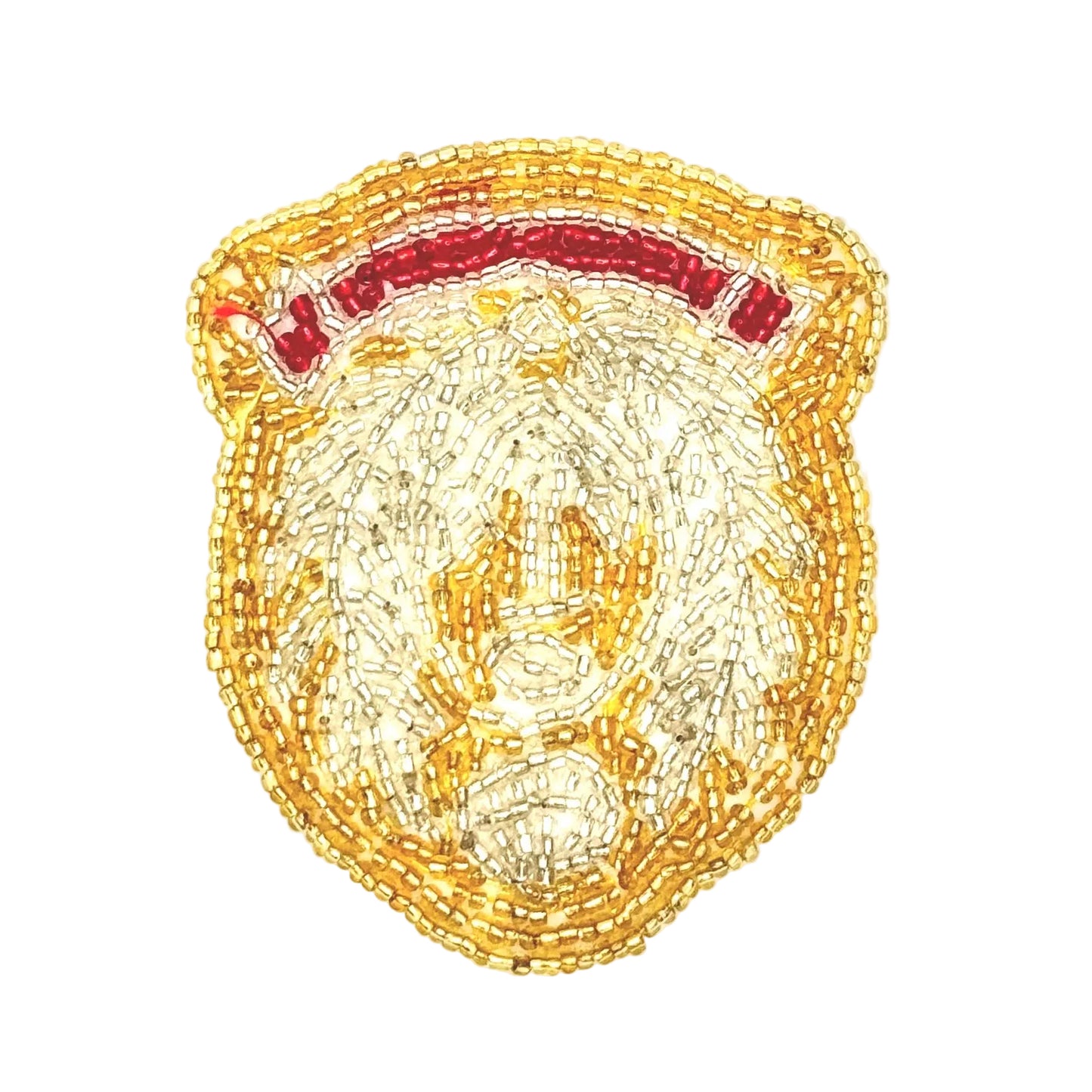 Beaded badge with gold, silver and red glass beads on a white background.