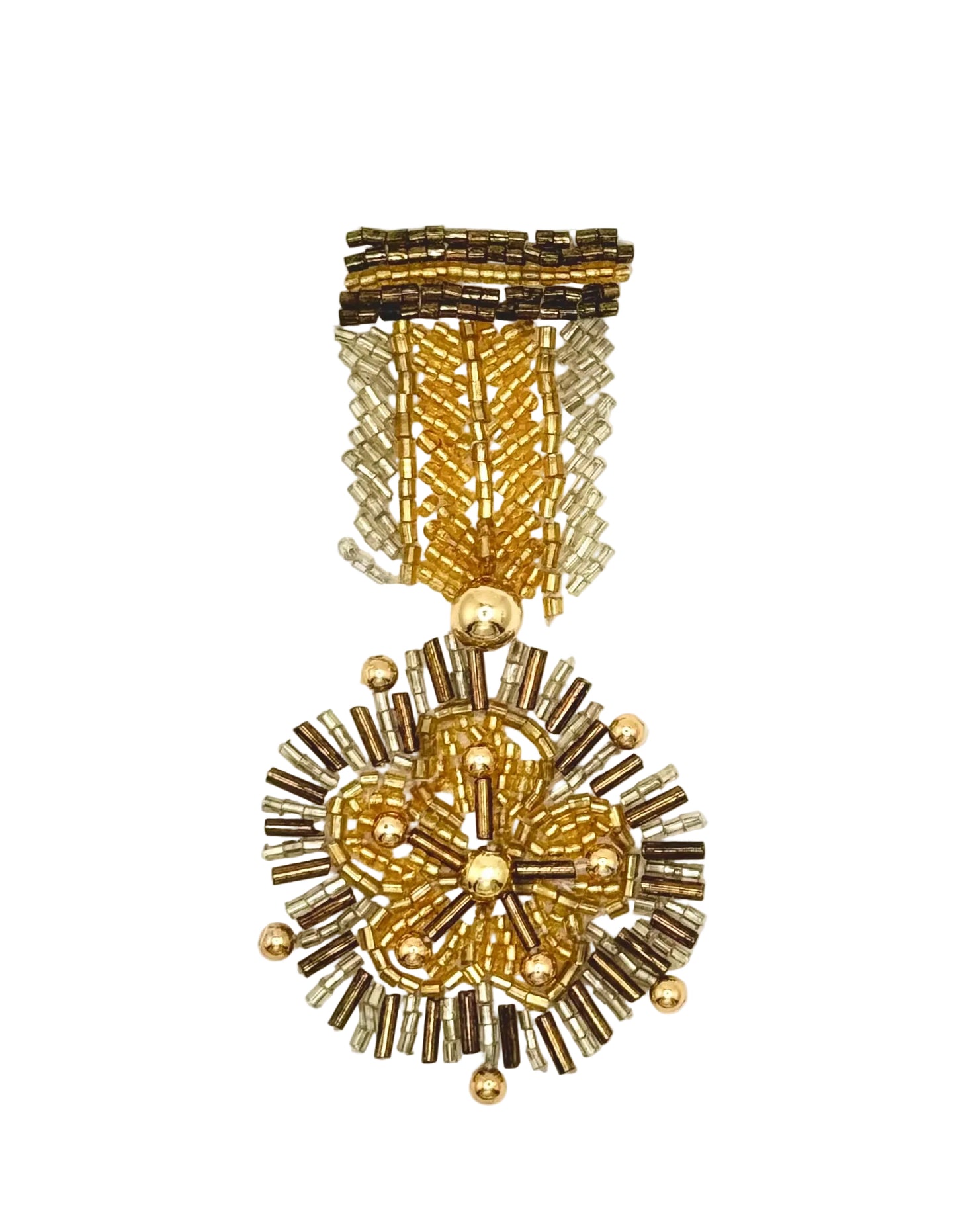 A handcrafted beaded medal featuring a gold and brown floral design with a matching ribbon, displayed on a clean white background.