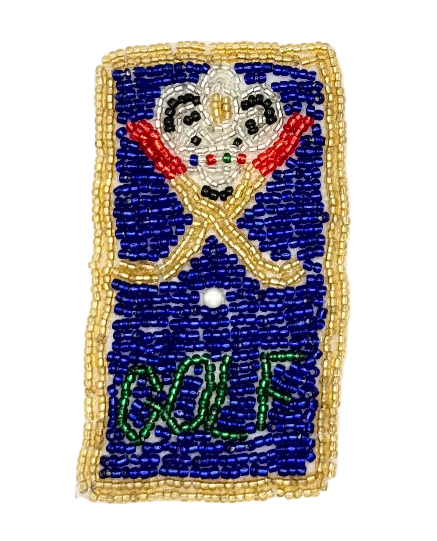A rectangular beaded patch featuring a blue background with a gold beaded border, a crossed golf club and golf ball motif at the top, and the word 'GOLF' in green beads at the bottom.