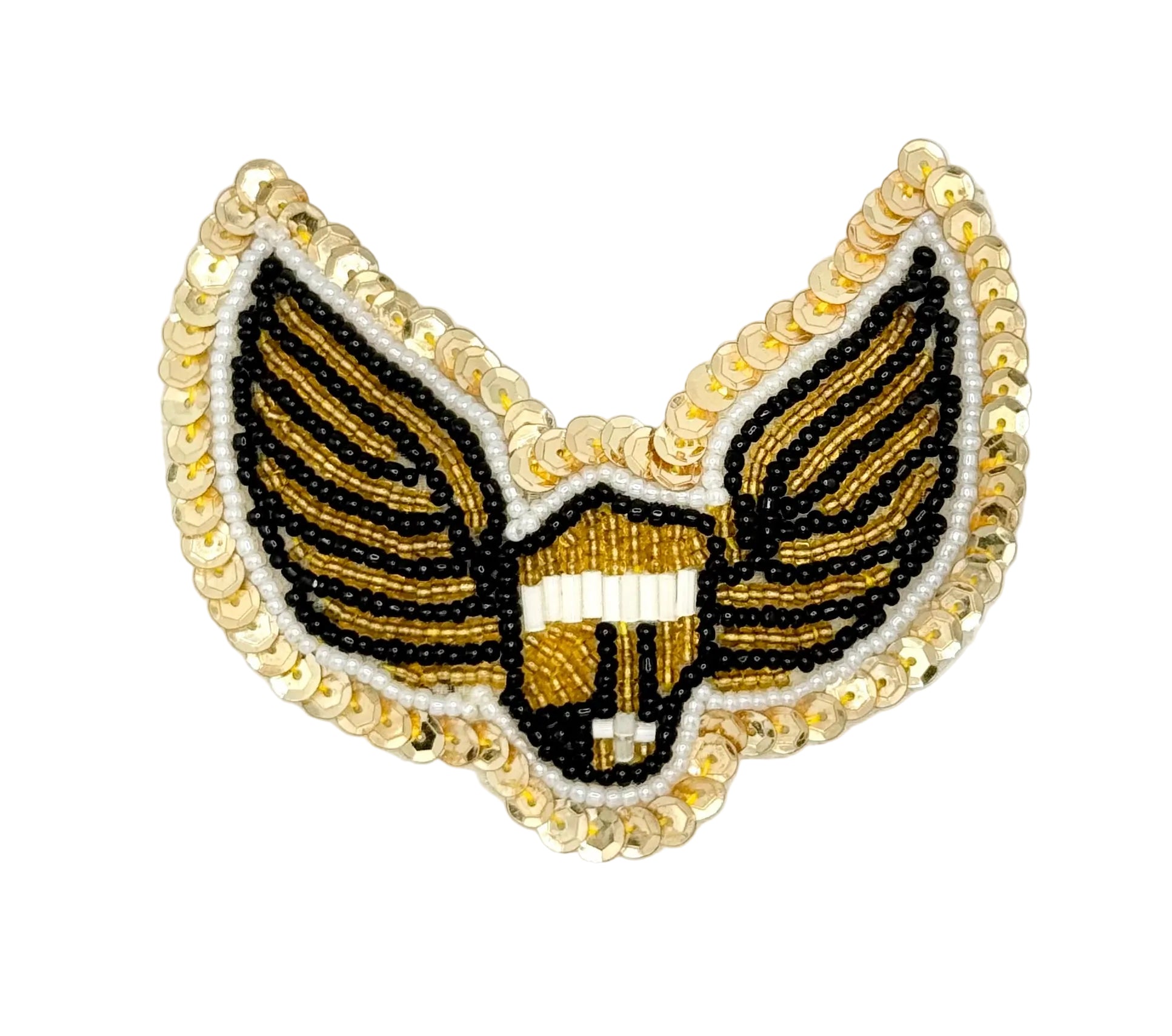 A beaded winged emblem patch featuring a central gold and white shield with black and gold striped wings, bordered by a gold sequined edge, on a plain white background.
