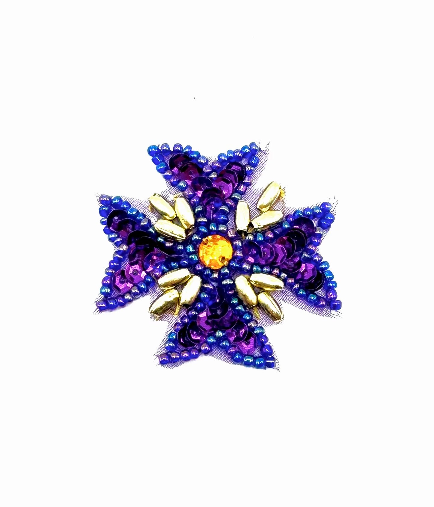 Designer Motif Sequin Medallion  - Purple and Gold - Center Gold Rhinestone 1.75" x 1.75"