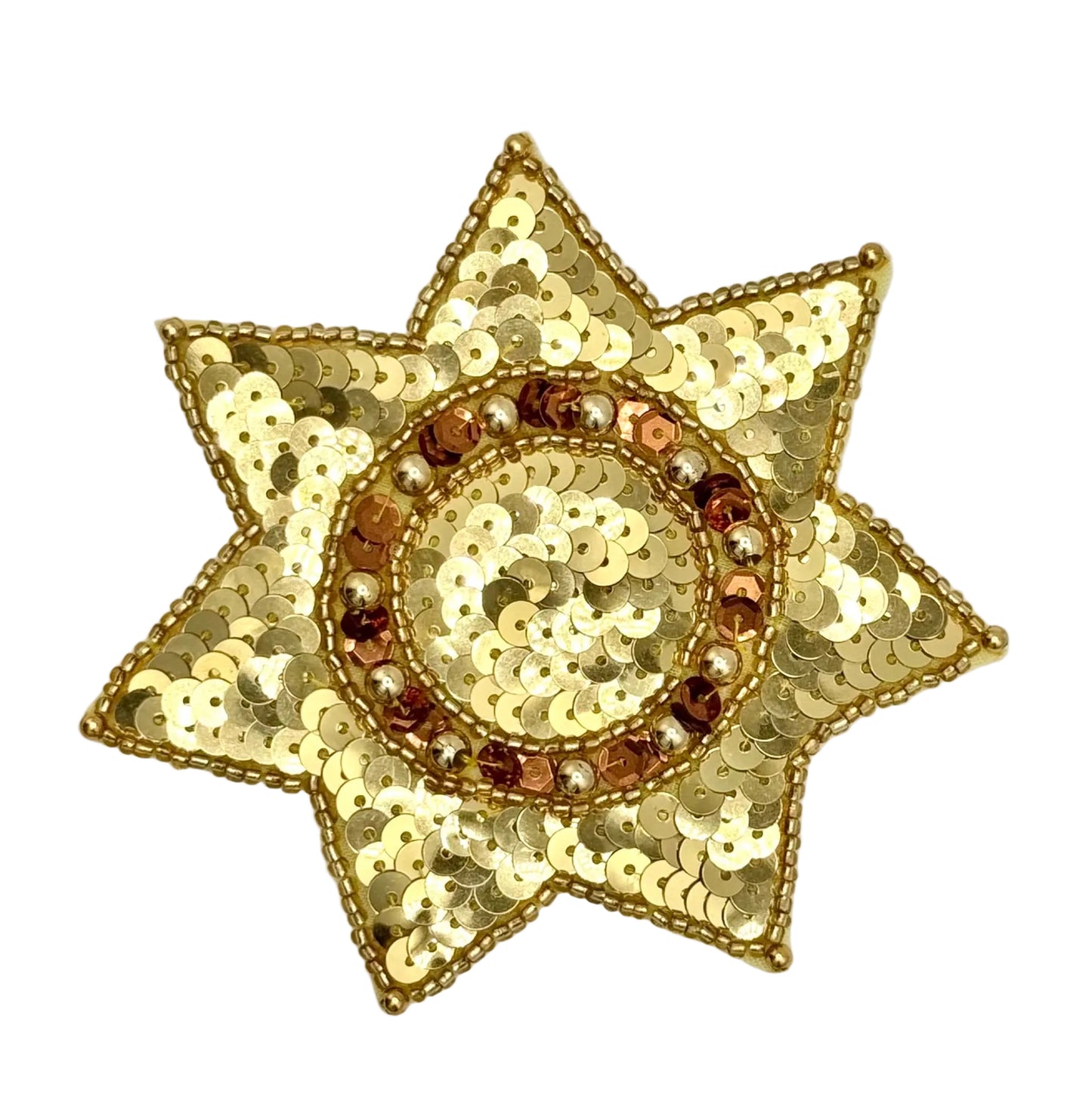 A gold sequined six-pointed star embellishment with a central circular motif featuring brown and gold sequins and beads, shown on a plain white background.
