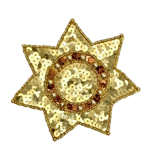 A gold sequined six-pointed star embellishment with a central circular motif featuring brown and gold sequins and beads, shown on a plain white background.