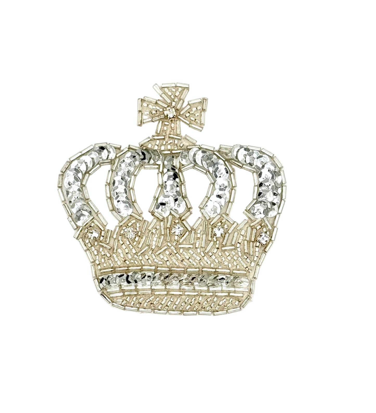Silver crown with crystal rhinestones, sequins and glass beads on a white background