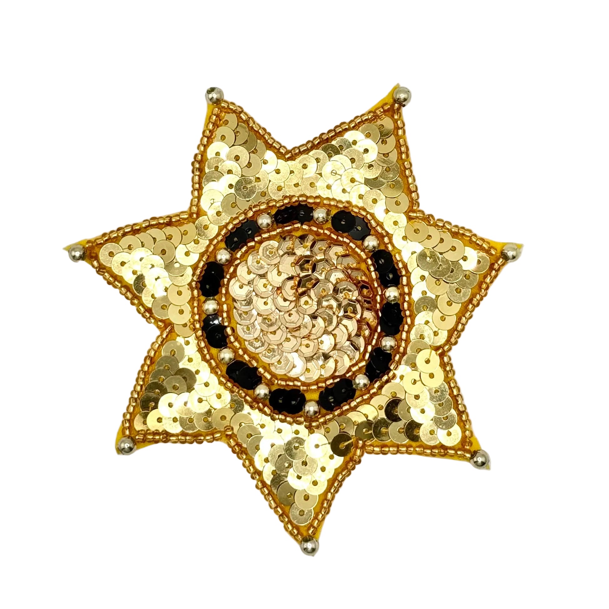 A gold sequined six-pointed star embellishment with a central circular motif featuring black  and gold sequins and beads, shown on a plain white background.