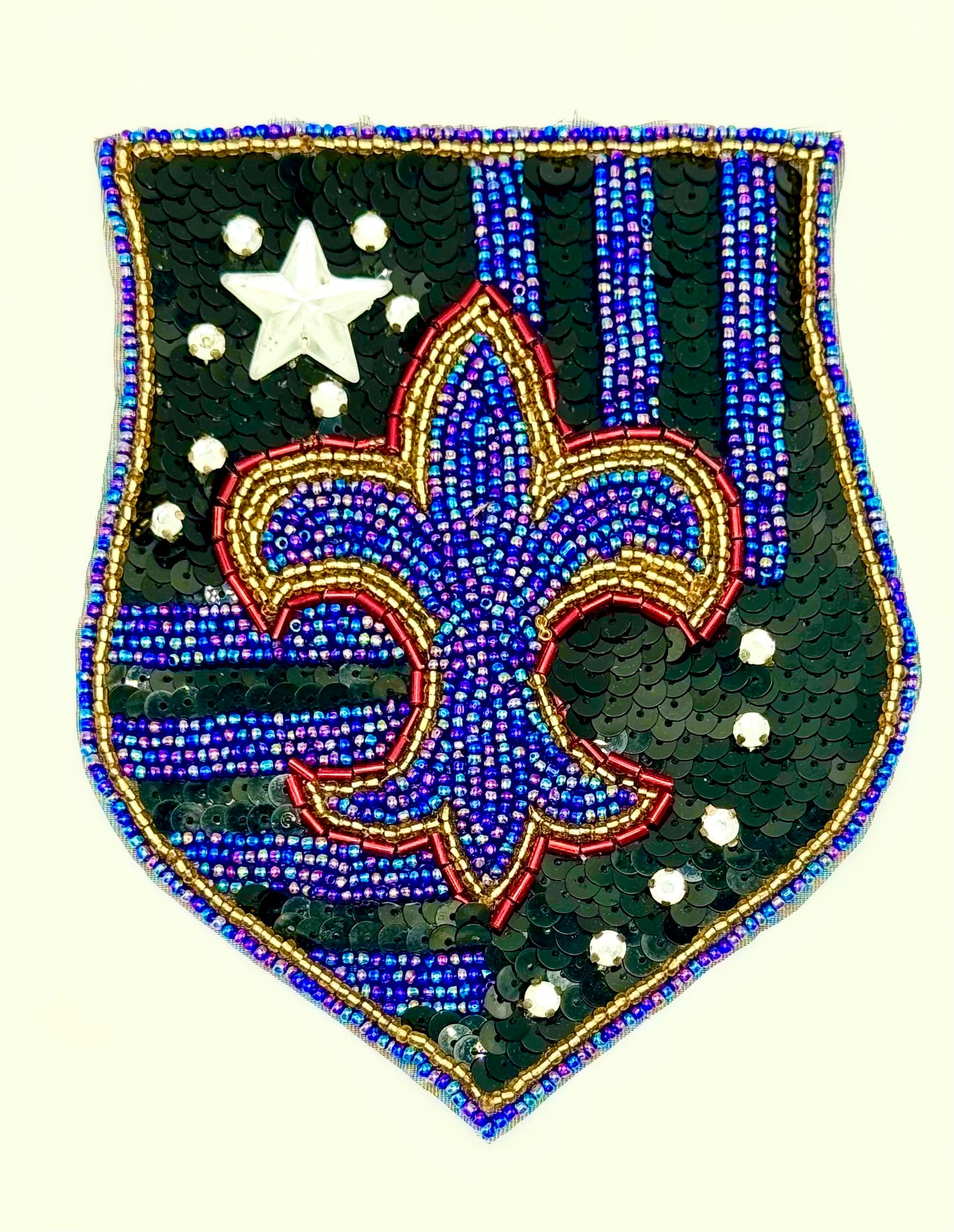 Sequin Fleur-de-Lis Crest Appliqué - Black Sequins and Red, Blue and Silver Beads 5.75" x 4.75"