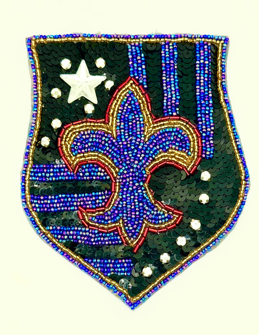 Sequin Fleur-de-Lis Crest Appliqué - Black Sequins and Red, Blue and Silver Beads 5.75" x 4.75"
