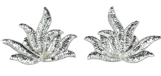 Leaf Pair Applique - Silver Sequins - Glass Beads 6.75" x 4.5"