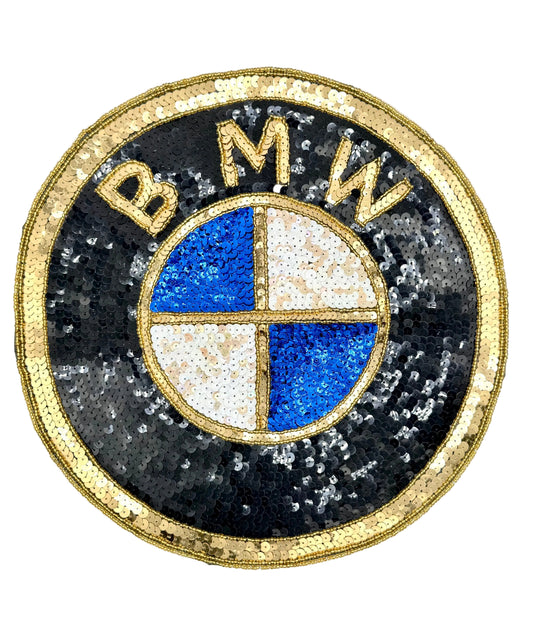 A circular sequined Vintage BMW logo patch featuring black, blue, and white sections with gold trim and the letters B M W.