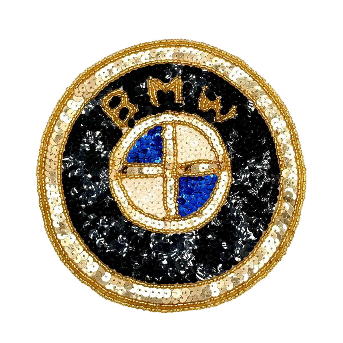 A circular BMW sequin and bead patch with black sequins, a gold sequined border, and the classic blue and white quartered crest in the center.