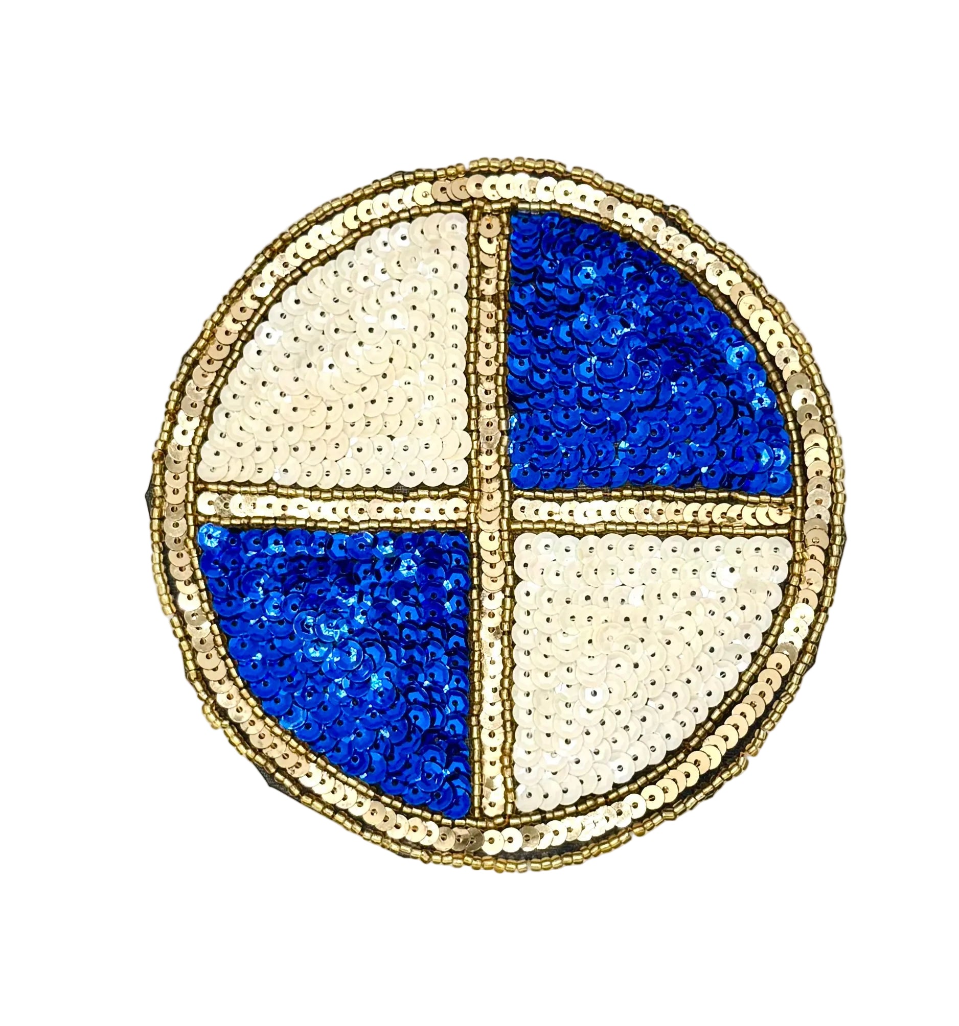 A circular sequined patch featuring a four-quadrant design with two blue sequined sections and two cream sequined sections, divided by gold sequined crossbars, on a white background.