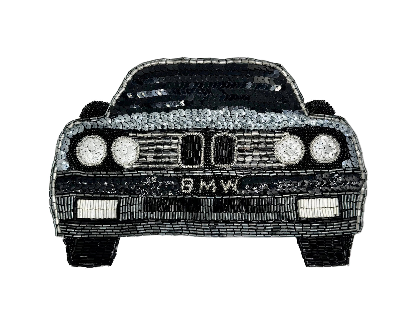 A black and silver beaded and sequin patch of a BMW car front, shown on a white background.
