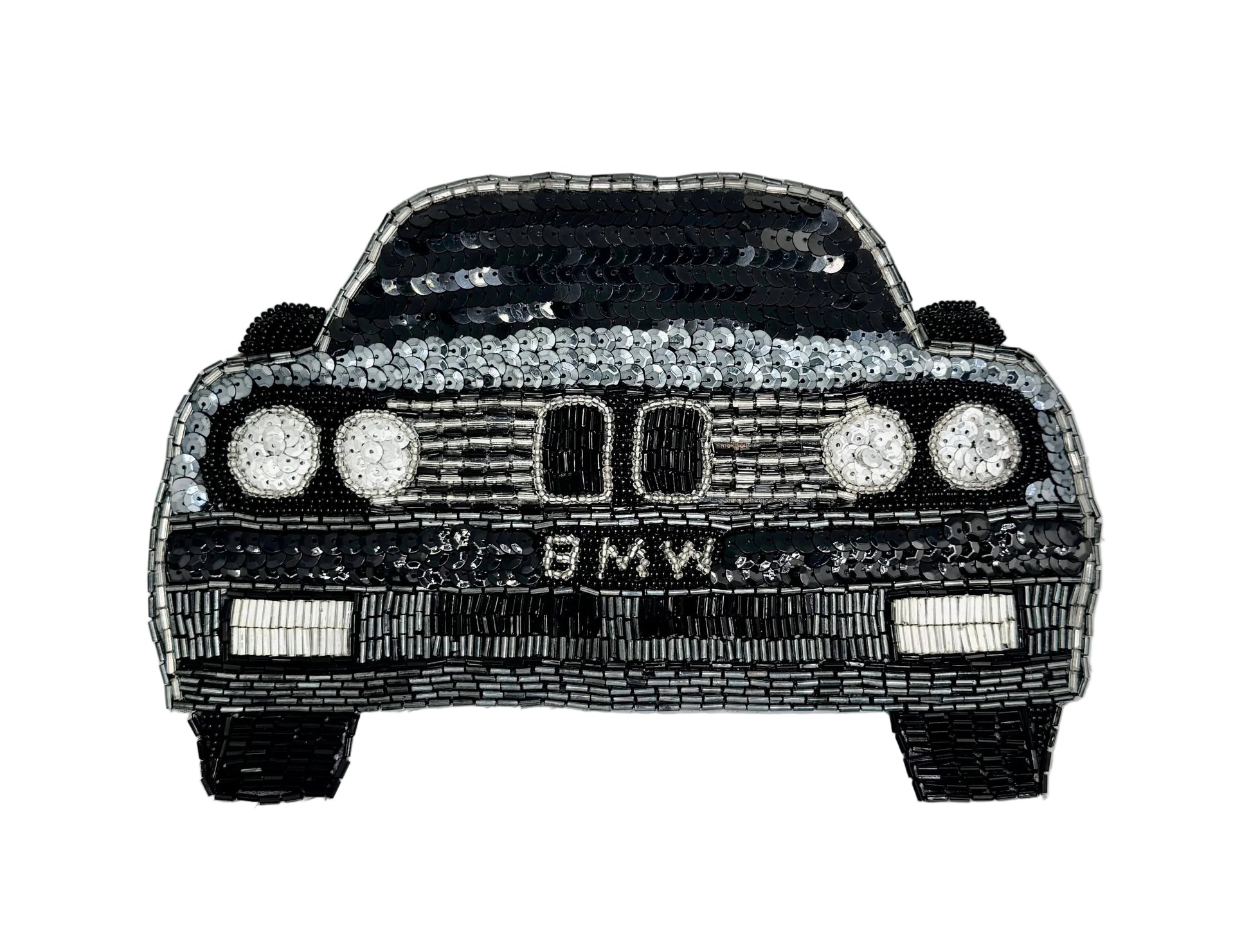 A black and silver beaded and sequin patch of a BMW car front, shown on a white background.