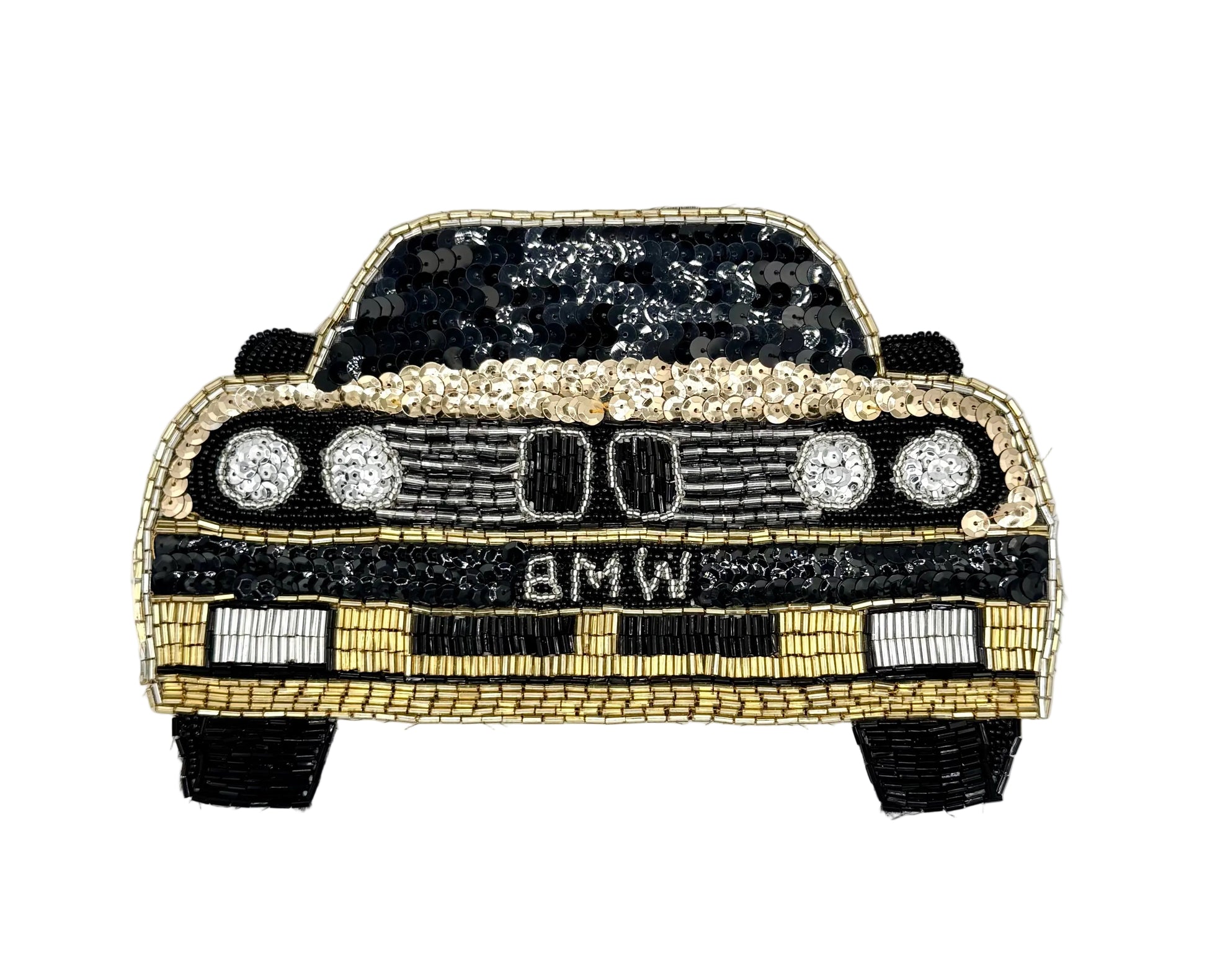A sequin patch of a classic BMW car, featuring black and gold sequins with silver sequin headlights and 'BMW' lettering on the front grille, set against a plain white background.