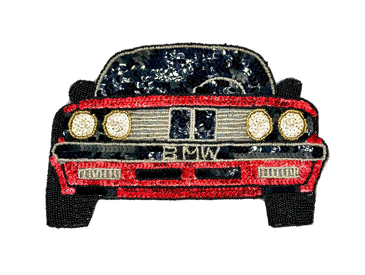 A vintage BMW car sequin patch with red and black sequins, gold-tone circular headlights, and the BMW logo on the front grille, shown against a plain white background.