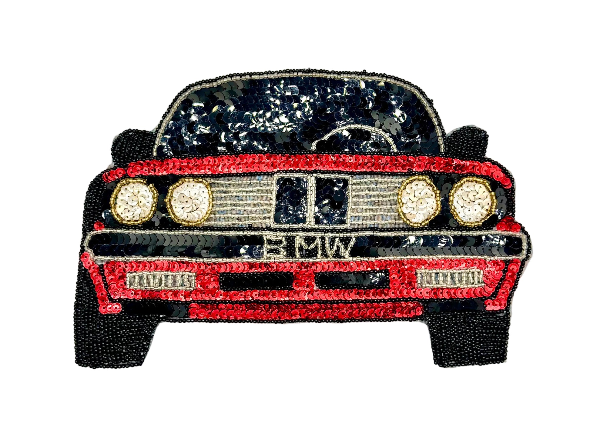 A vintage BMW car sequin patch with red and black sequins, gold-tone circular headlights, and the BMW logo on the front grille, shown against a plain white background.