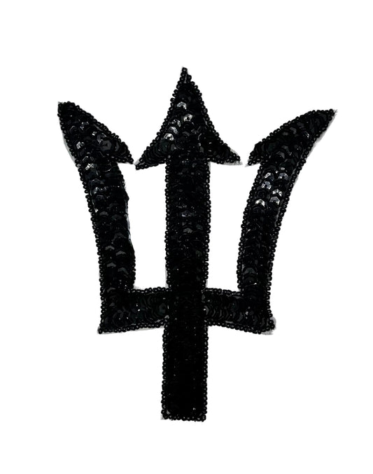 A black sequin trident patch with sequined texture, shown on a plain white background.