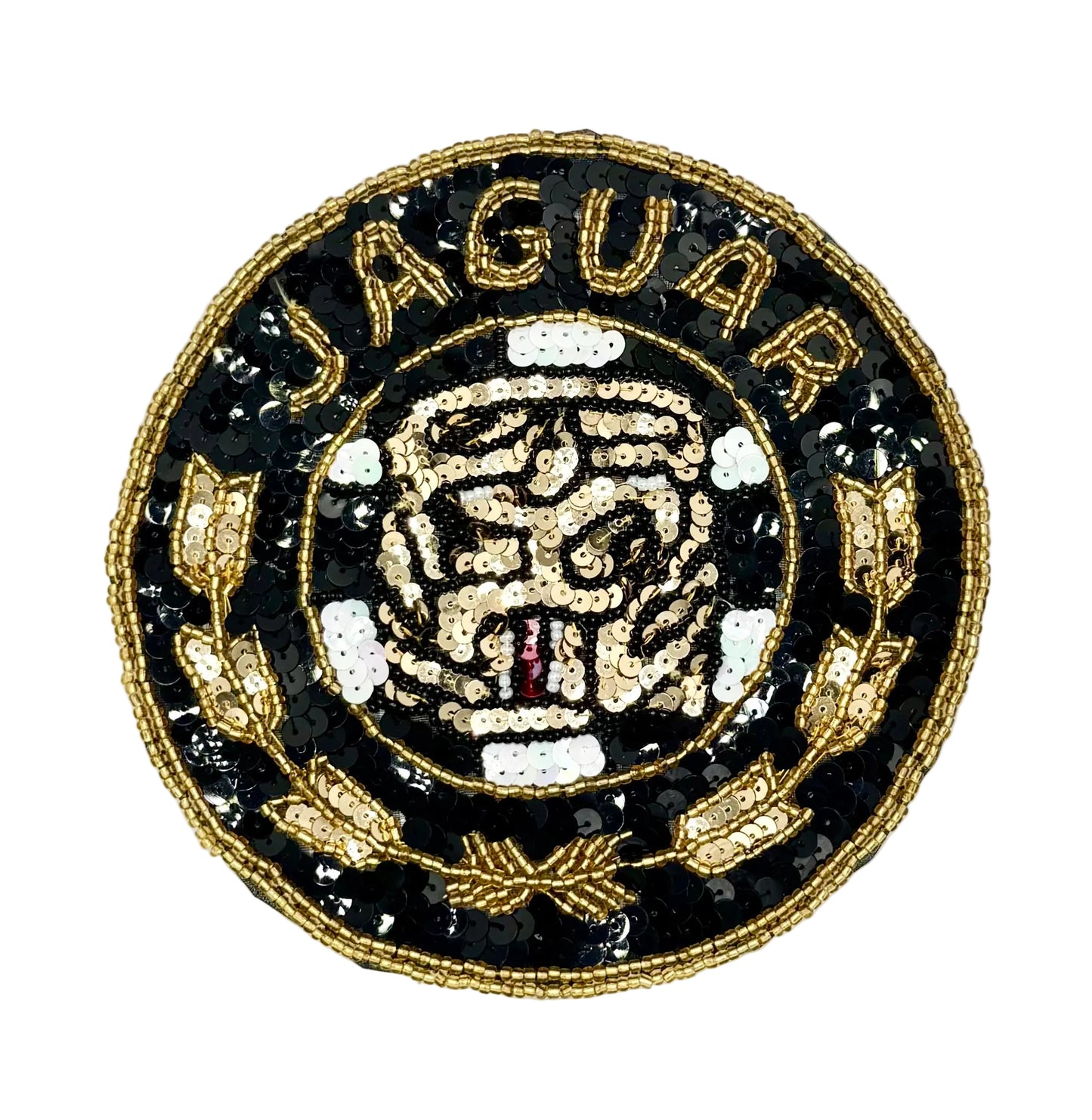 A circular embroidered patch featuring a tiger head emblem in the center, surrounded by the word 'JAGUAR' in gold beads, with a laurel wreath and black sequined background on a white studio background.