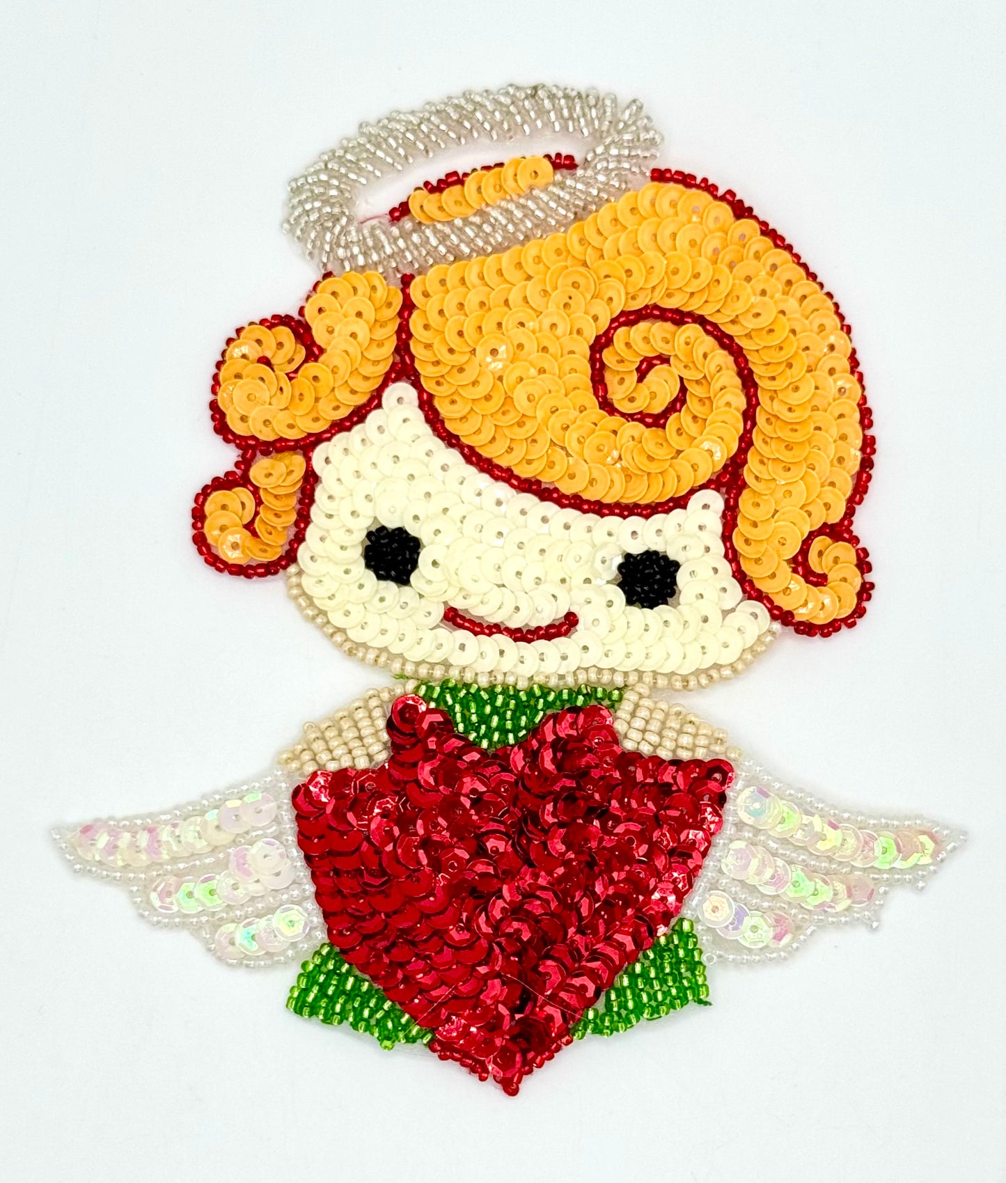 Christmas Angel with Halo Holding Red Heart, Sequin Beaded 6" x 5.25"