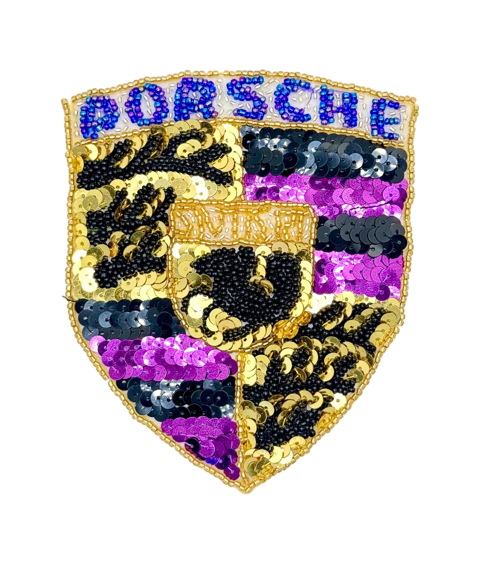 A vintage custom shield-shaped sequin patch featuring the word 'PORSCHE' in blue beads at the top, with a gold border and sections of black, purple, and gold sequins forming a crest design.