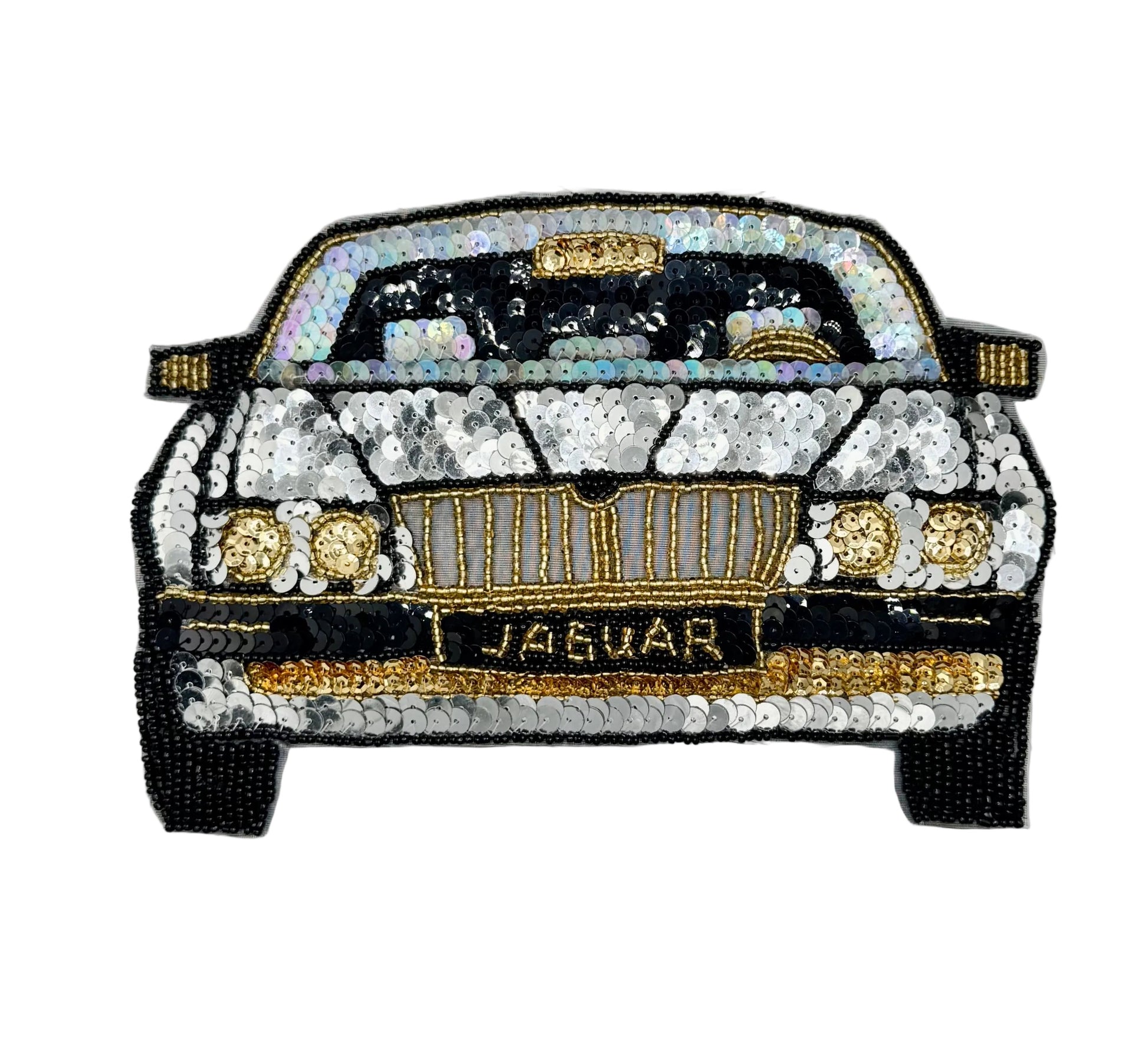 A vintage sequin and bead patch of a classic Jaguar car, decorated with iridescent sequins, gold beads, and black outlines, on a plain white background.