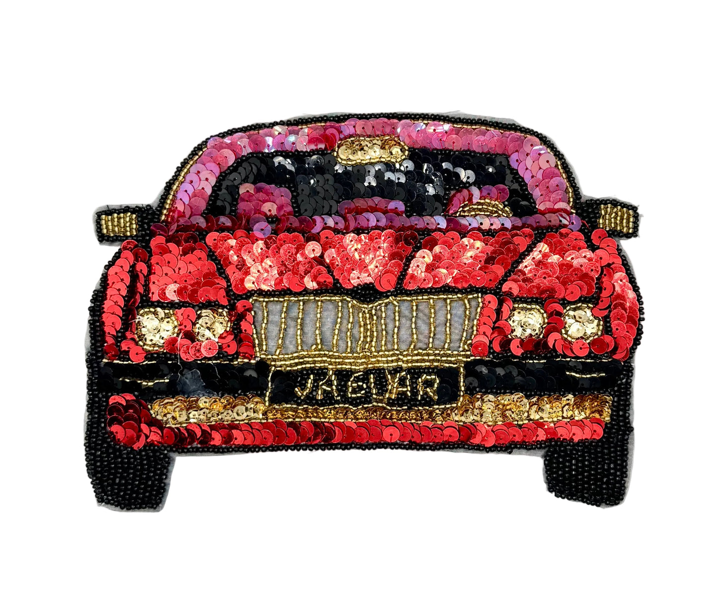 A sequined and beaded patch of a classic car with the word 'JAGUAR' on the front, shown on a plain white background.