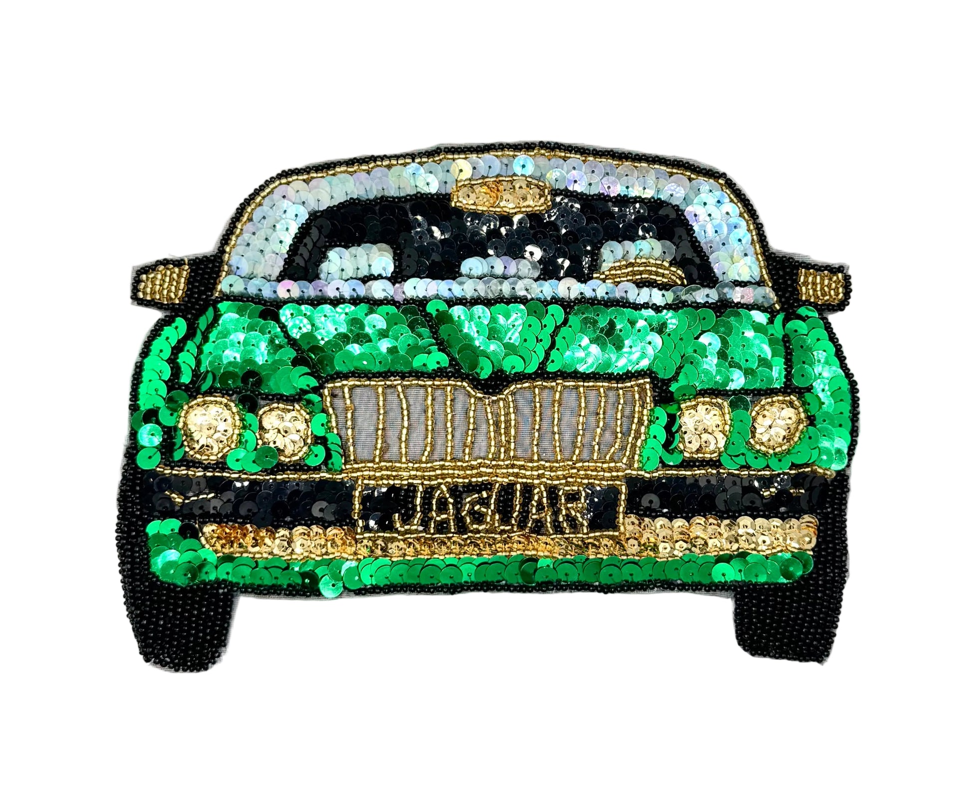 A decorative sequin and bead patch shaped like a vintage car, covered in bright green sequins with gold bead detailing, black outlines, and the word 'JAGUAR' on the front, shown on a plain white background.