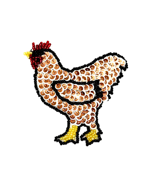 Rooster  - Bronze and White Double Sequins - Black, Gold, and Red Beads 3.5" x 3"