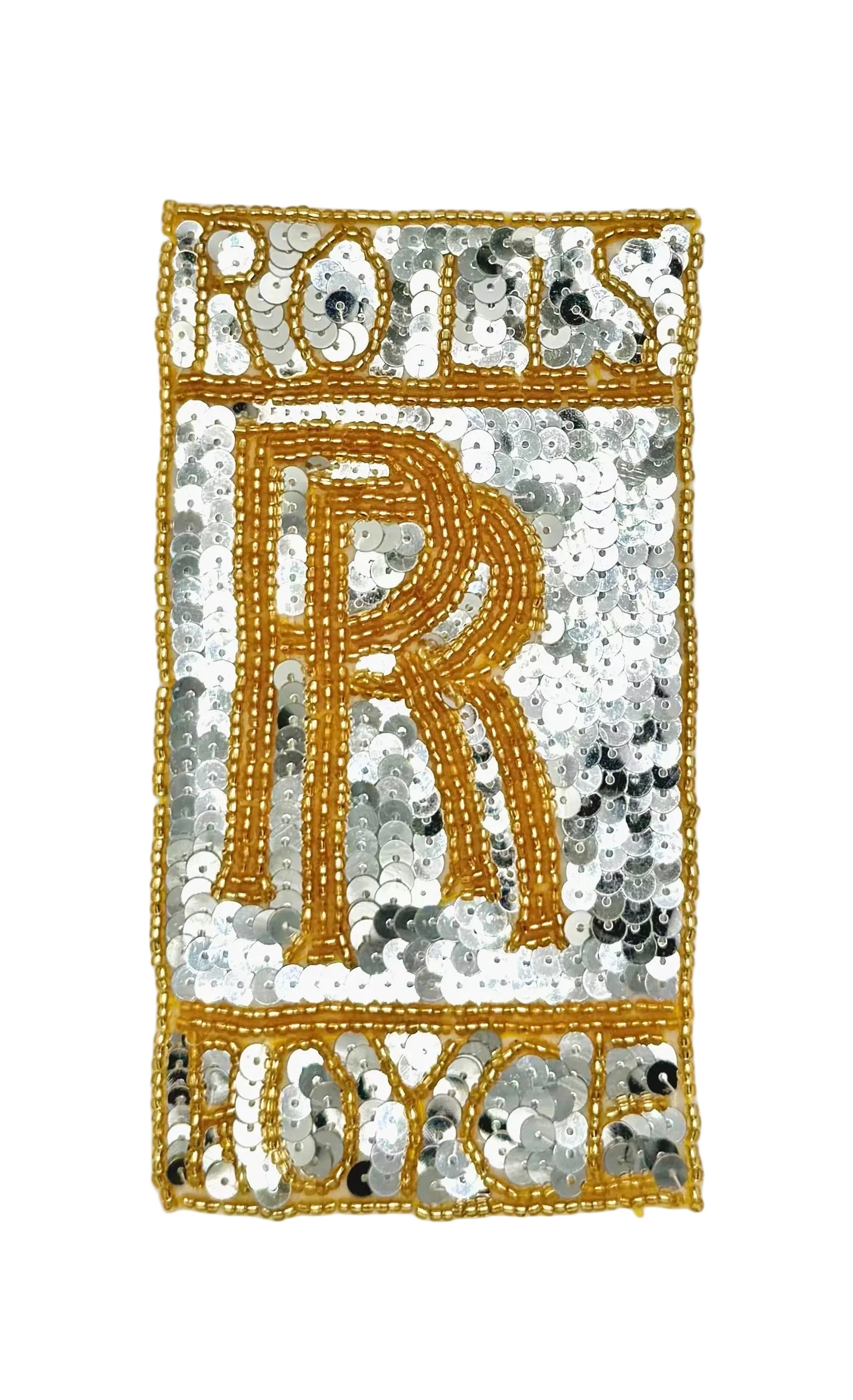 A rectangular vintage sequin and bead patch featuring the Rolls-Royce logo, with a large gold 'R' and 'O' letters over a silver sequined background, finished with a gold border.
