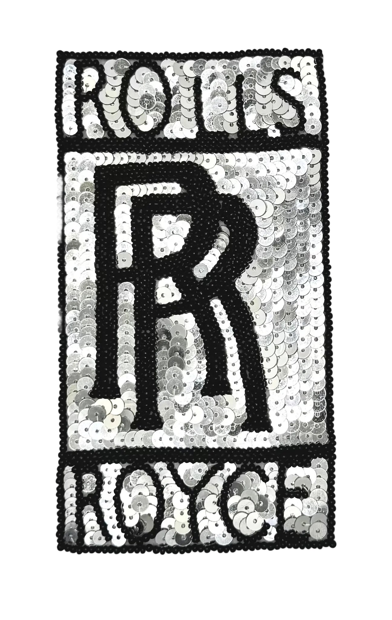 A rectangular patch featuring a Vintage Rolls-Royce logo, crafted with black beads and silver sequins on a white background.