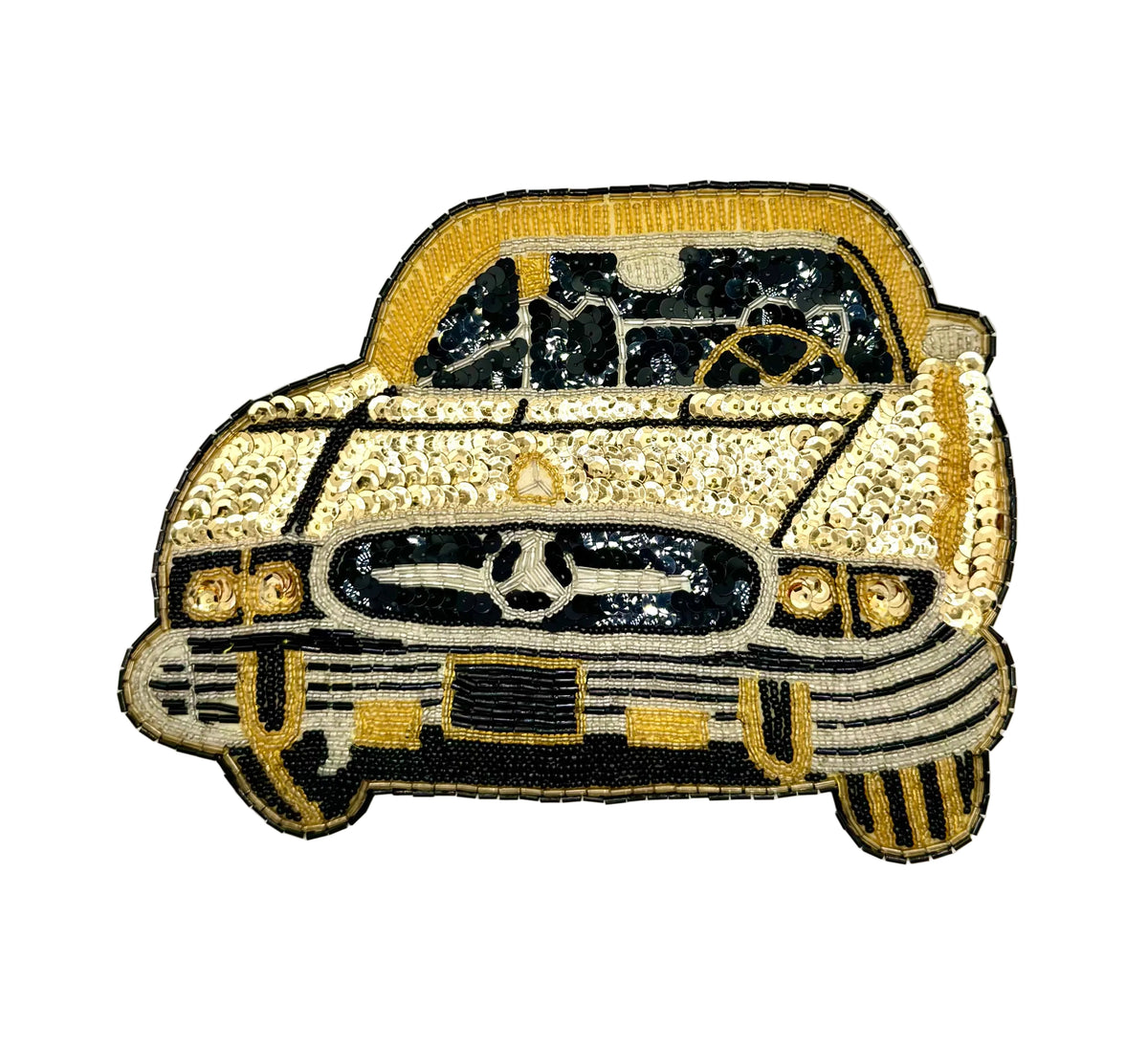A vintage embroidered patch of a vintage car in gold, black, and silver, shown on a plain white background.