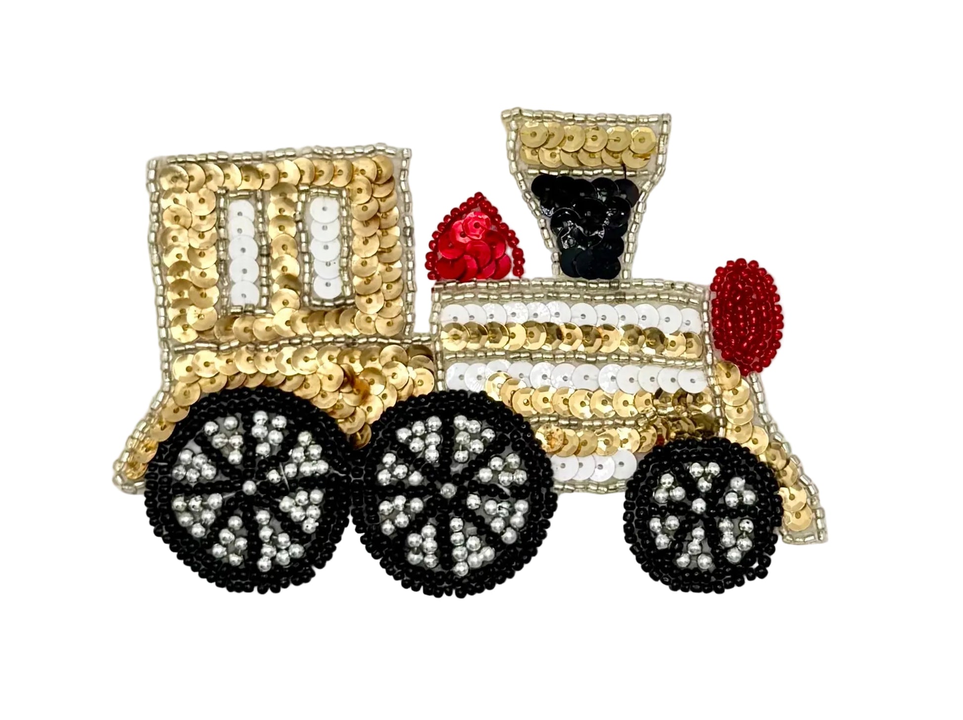 A decorative train applique embellished with gold, white, black, and red sequins and beads, shown on a white background.