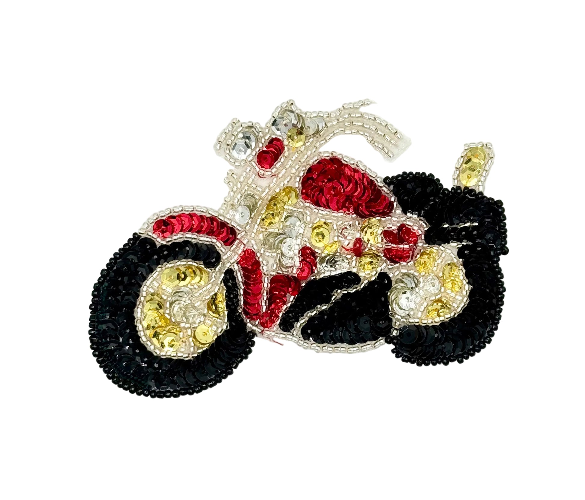 A motorcycle-shaped decorative applique patch featuring red, black, silver and gold sequins with bland silver glass bead accents, displayed on a plain white background.