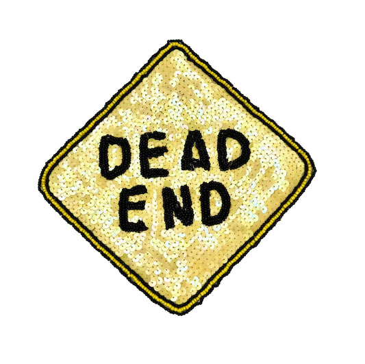 A diamond-shaped sequin and bead patch designed to look like a yellow warning sign with the words 'DEAD END' in black block letters, set against a white background.