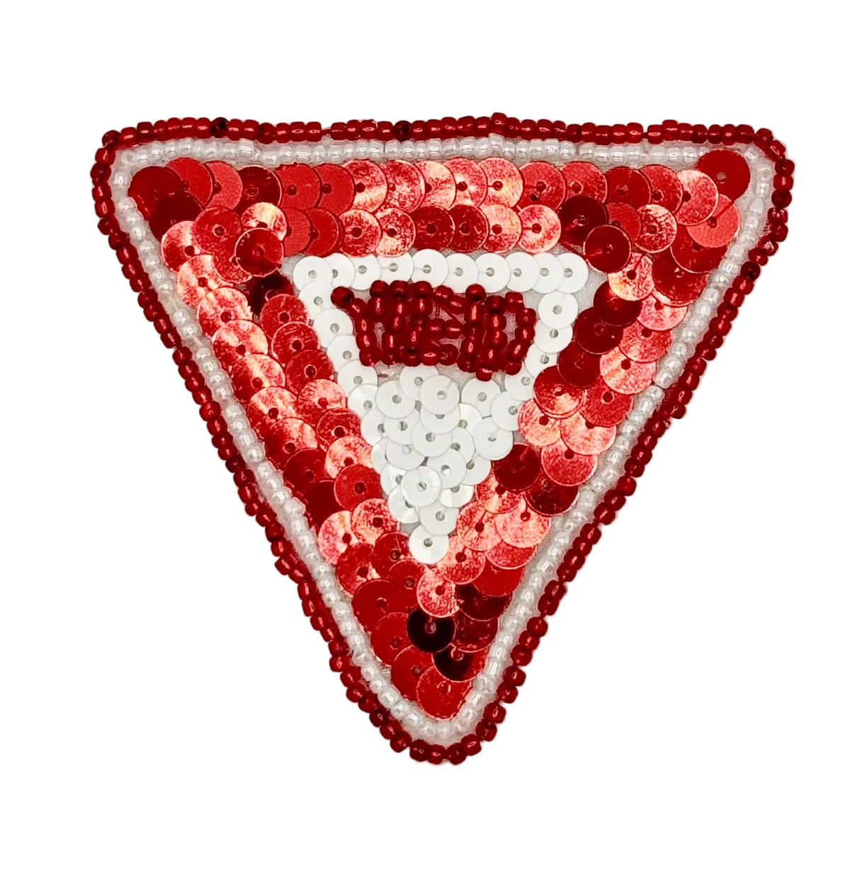 A triangular sequin patch designed like a yield road sign, featuring red and white sequins with pearl-like white bead borders on a light gray background.