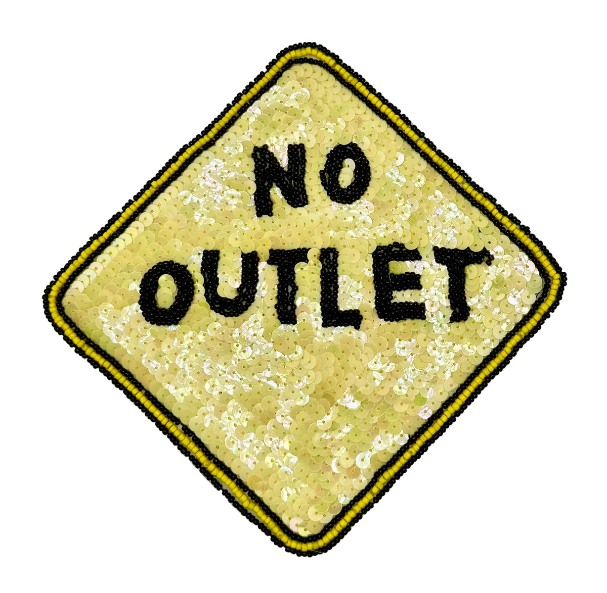 A diamond-shaped yellow patch with yellow sequins and black beads spelling 'NO OUTLET' on a white background.