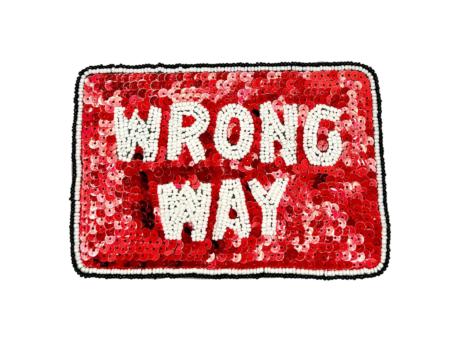Wrong Way Road Sign Appliqué – Red, Black & White Sequins with Glass Beads