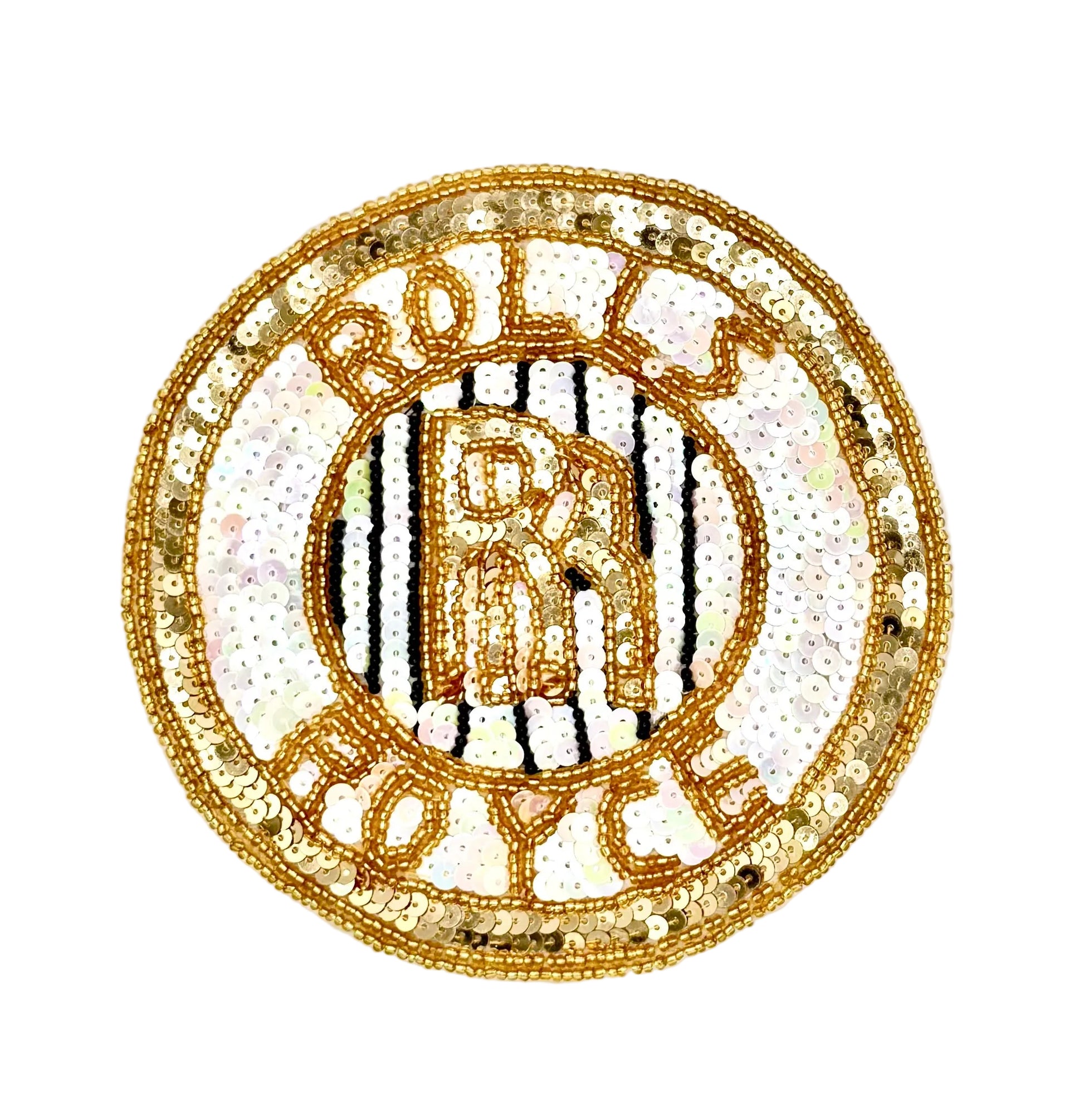 A vintage circular beaded patch featuring the Rolls-Royce logo and name, crafted with gold-toned beads, black stripes, and iridescent white sequins on a plain white background.