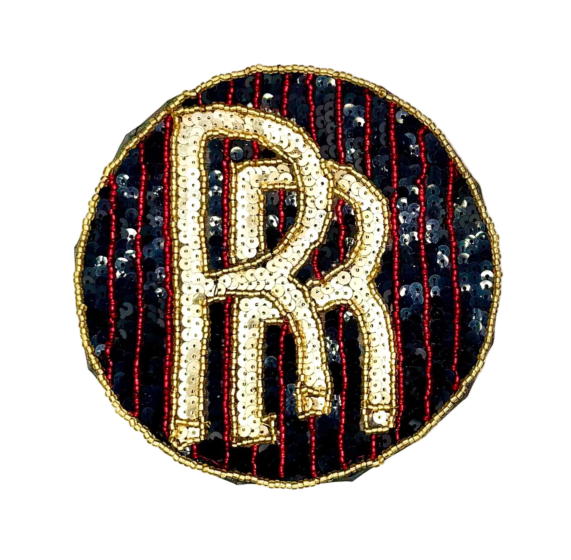 A circular sequin and bead vintage patch featuring a large gold monogram 'R' over a black background with vertical red and gold beaded stripes, shown on a plain white background.
